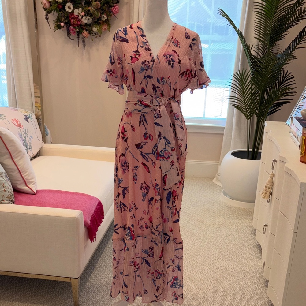 Tanya Taylor Pink Floral Wrap Maxi Dress